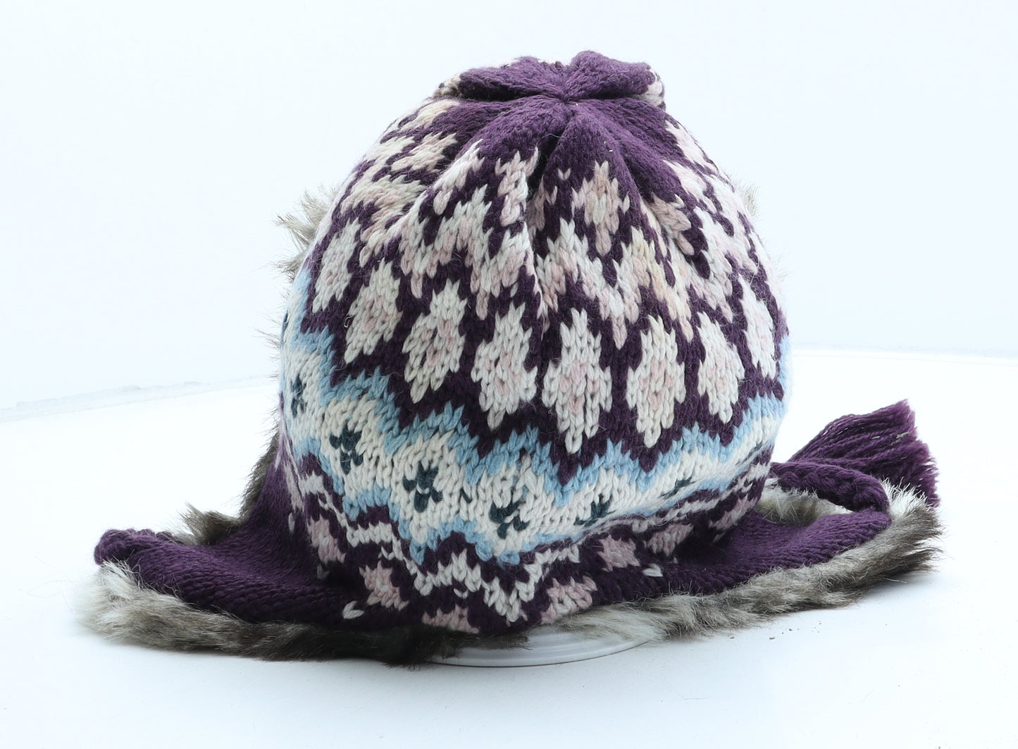 Fat Face Womens Purple Fair Isle Acrylic Trapper Hat Size M