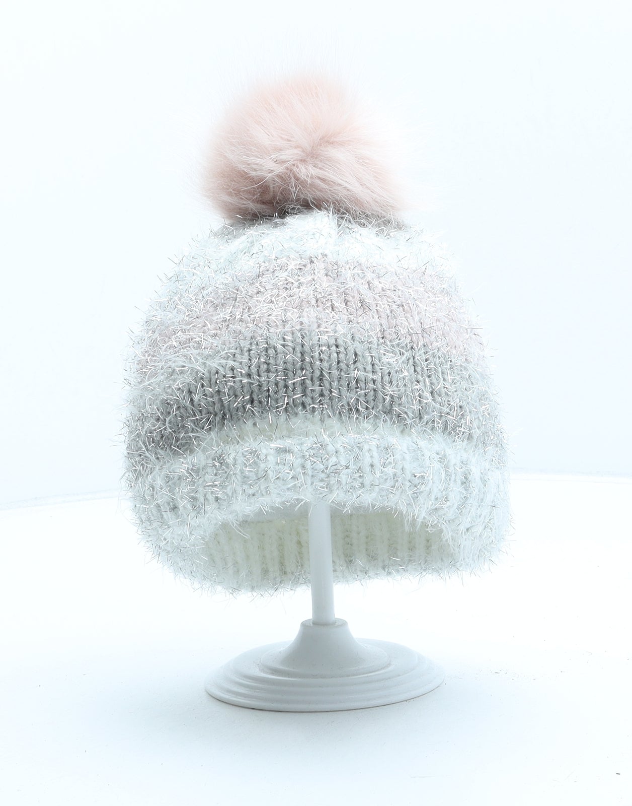 F&F Girls Grey Striped Acrylic Bobble Hat One Size