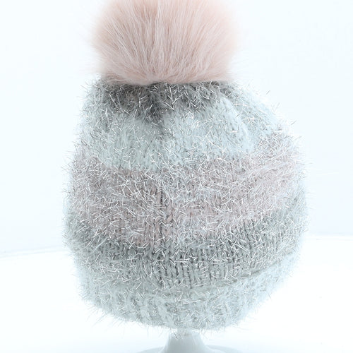 F&F Girls Grey Striped Acrylic Bobble Hat One Size