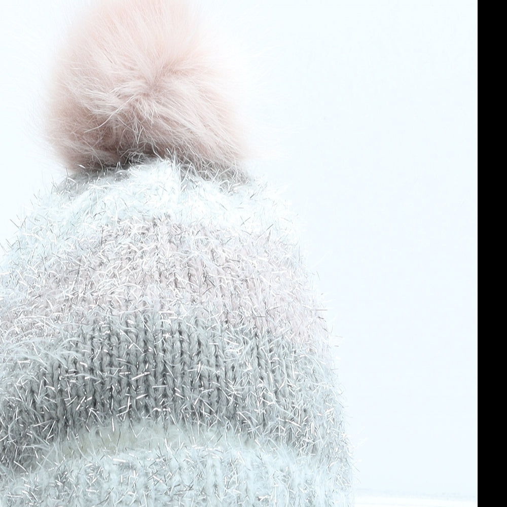 F&F Girls Grey Striped Acrylic Bobble Hat One Size