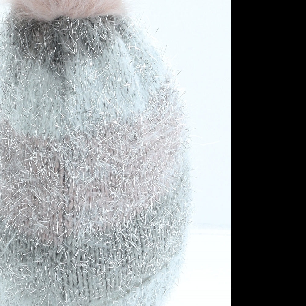 F&F Girls Grey Striped Acrylic Bobble Hat One Size