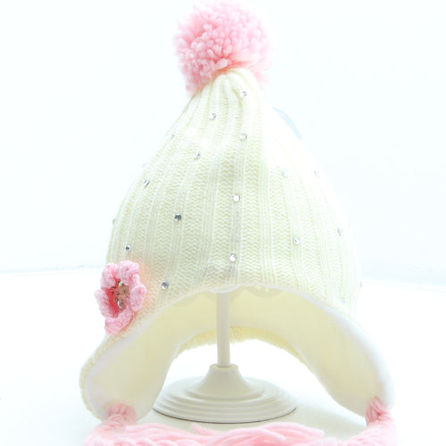 Flagstaff Girls Ivory Acrylic Bobble Hat One Size - Flower Detail