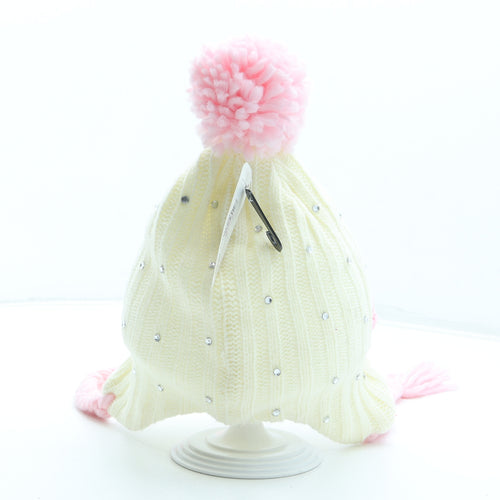 Flagstaff Girls Ivory Acrylic Bobble Hat One Size - Flower Detail