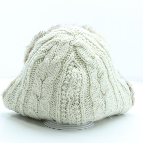 Jane Norman Womens Ivory Acrylic Trapper Hat One Size - Faux Fur Pom Pom