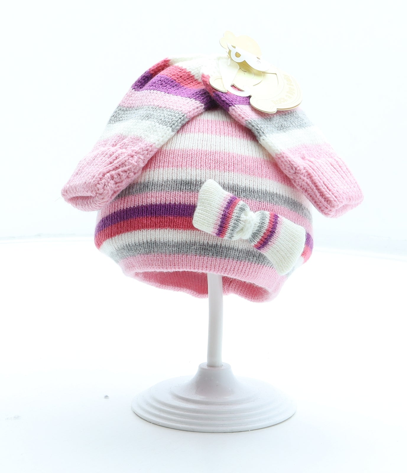 Rockabye-Baby Girls Pink Striped Acrylic Beanie Size S - Size 3-6 months. Mittens included