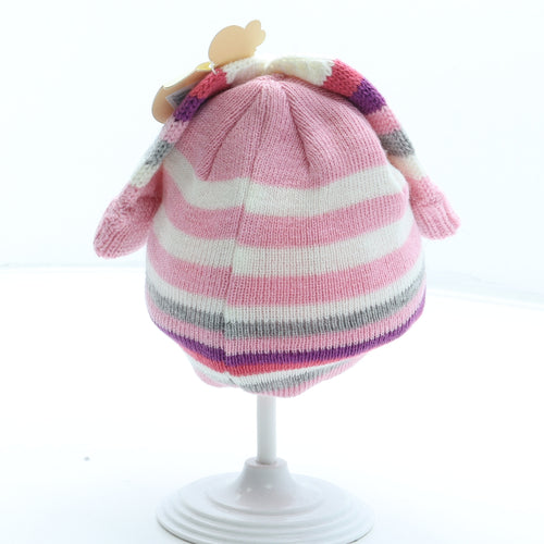 Rockabye-Baby Girls Pink Striped Acrylic Beanie Size S - Size 3-6 months. Mittens included