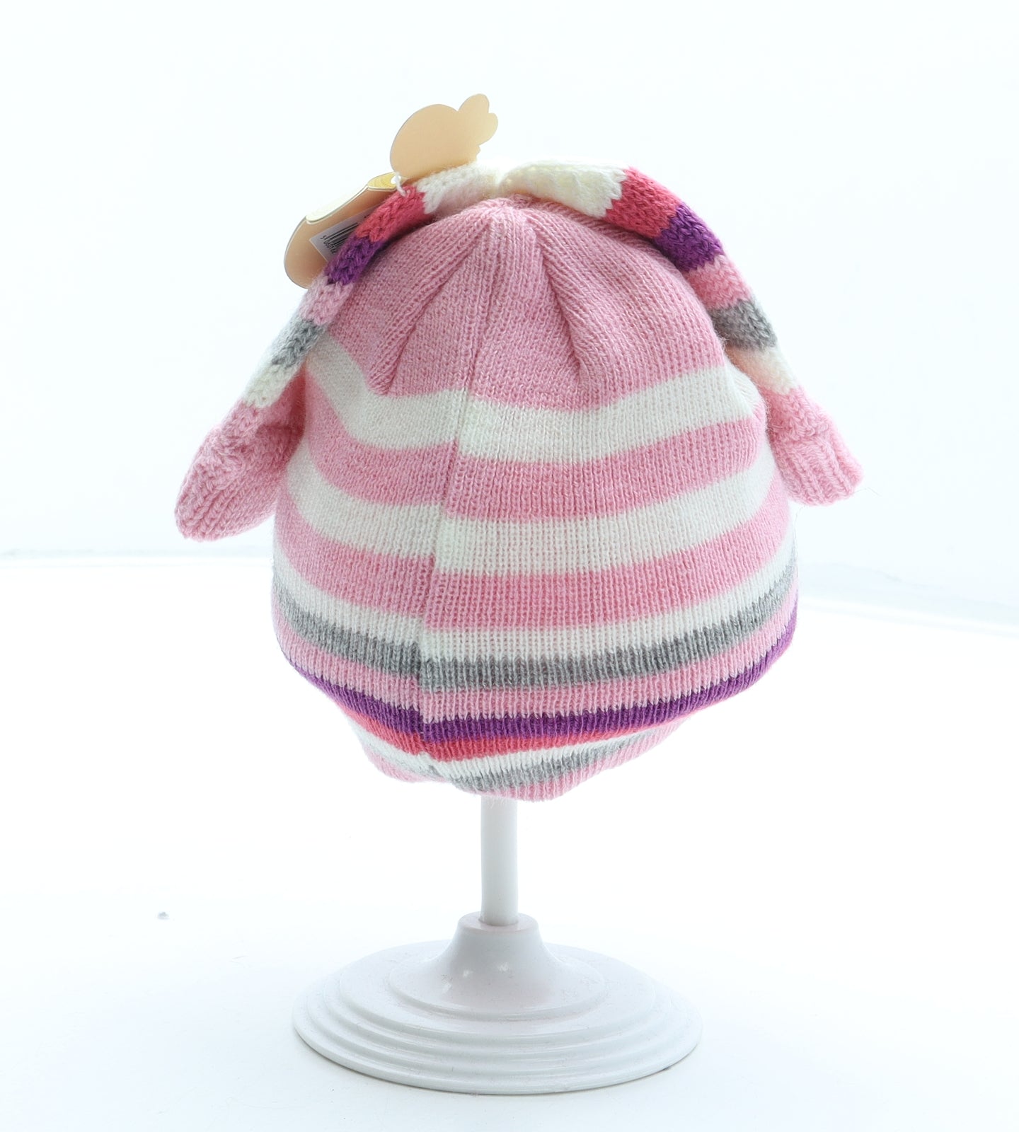 Rockabye-Baby Girls Pink Striped Acrylic Beanie Size S - Size 3-6 months. Mittens included