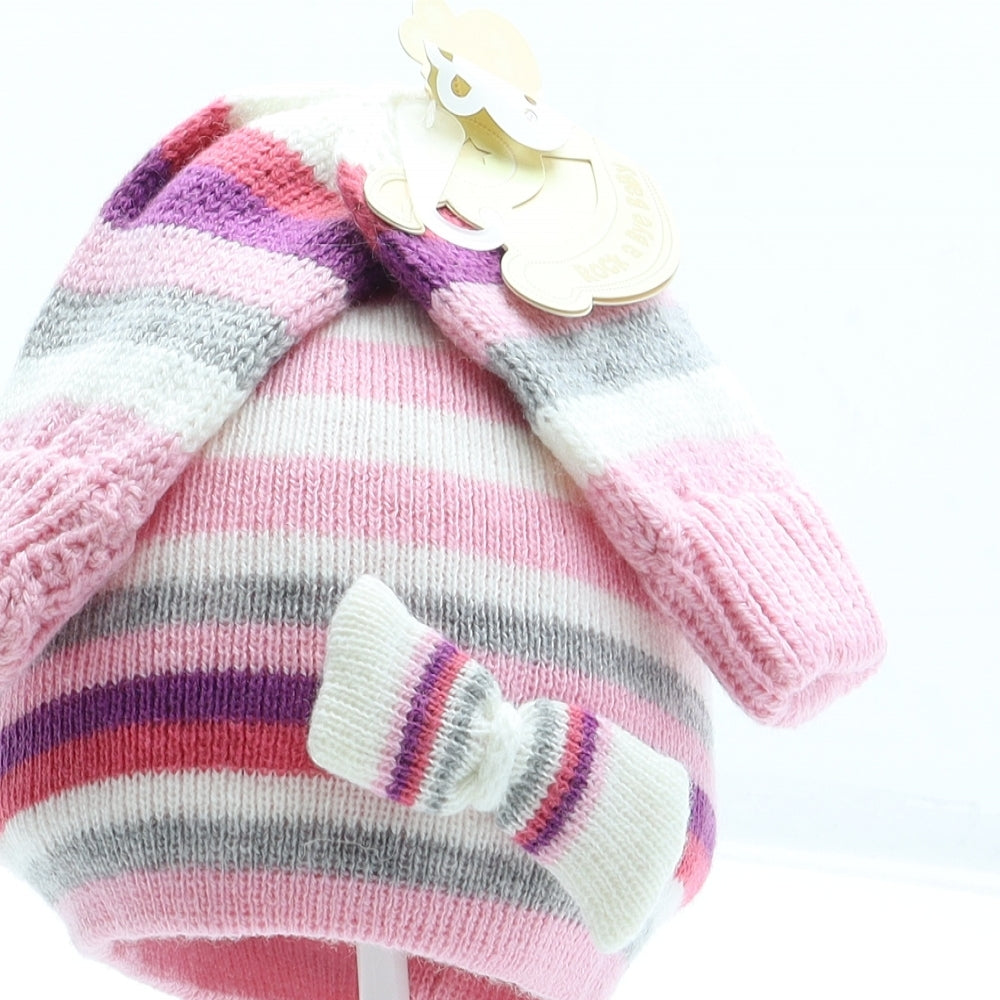 Rockabye-Baby Girls Pink Striped Acrylic Beanie Size S - Size 3-6 months. Mittens included