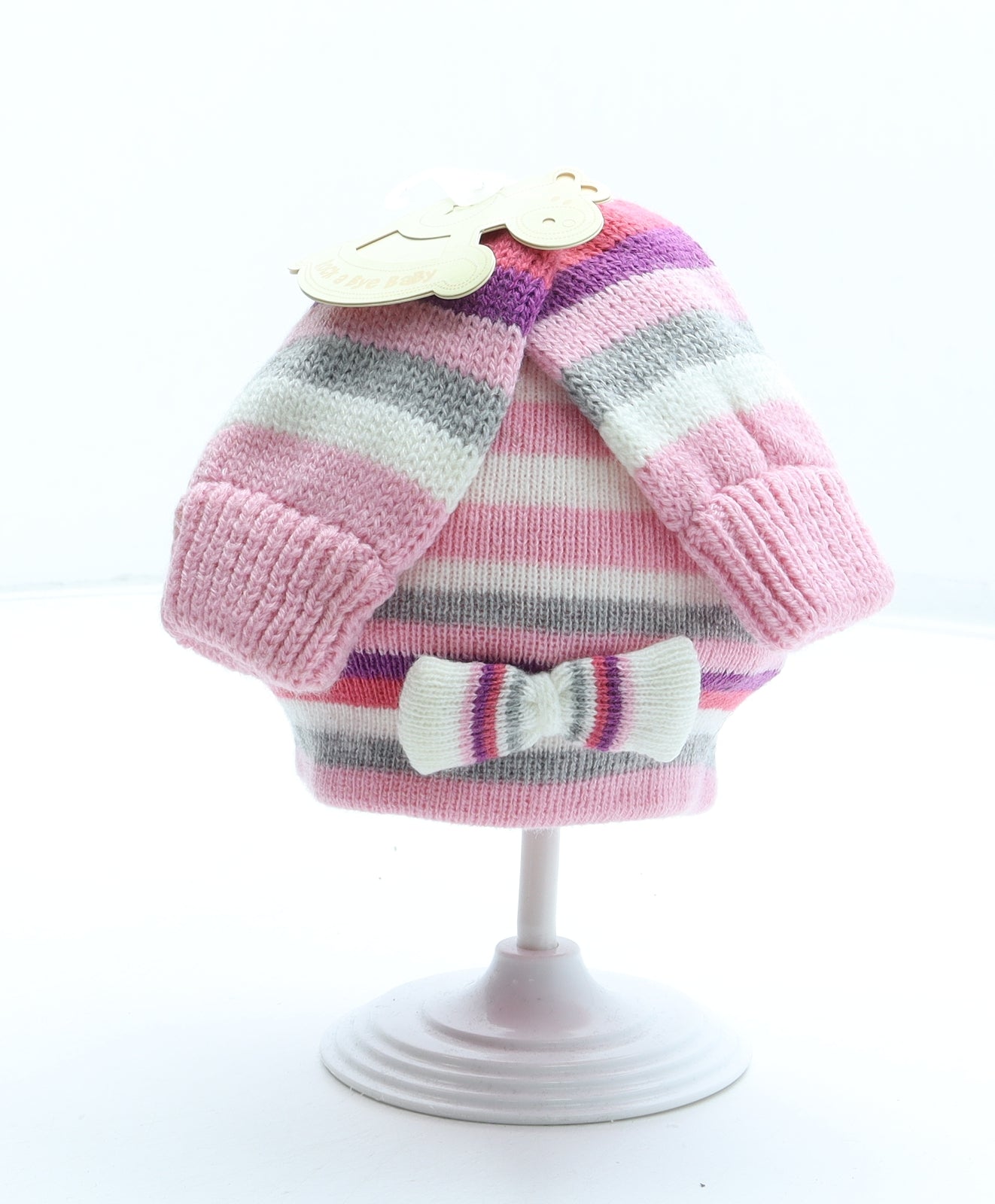 Rockabye-Baby Girls Pink Striped Acrylic Beanie Size S - Size 3-6 months. Mittens included