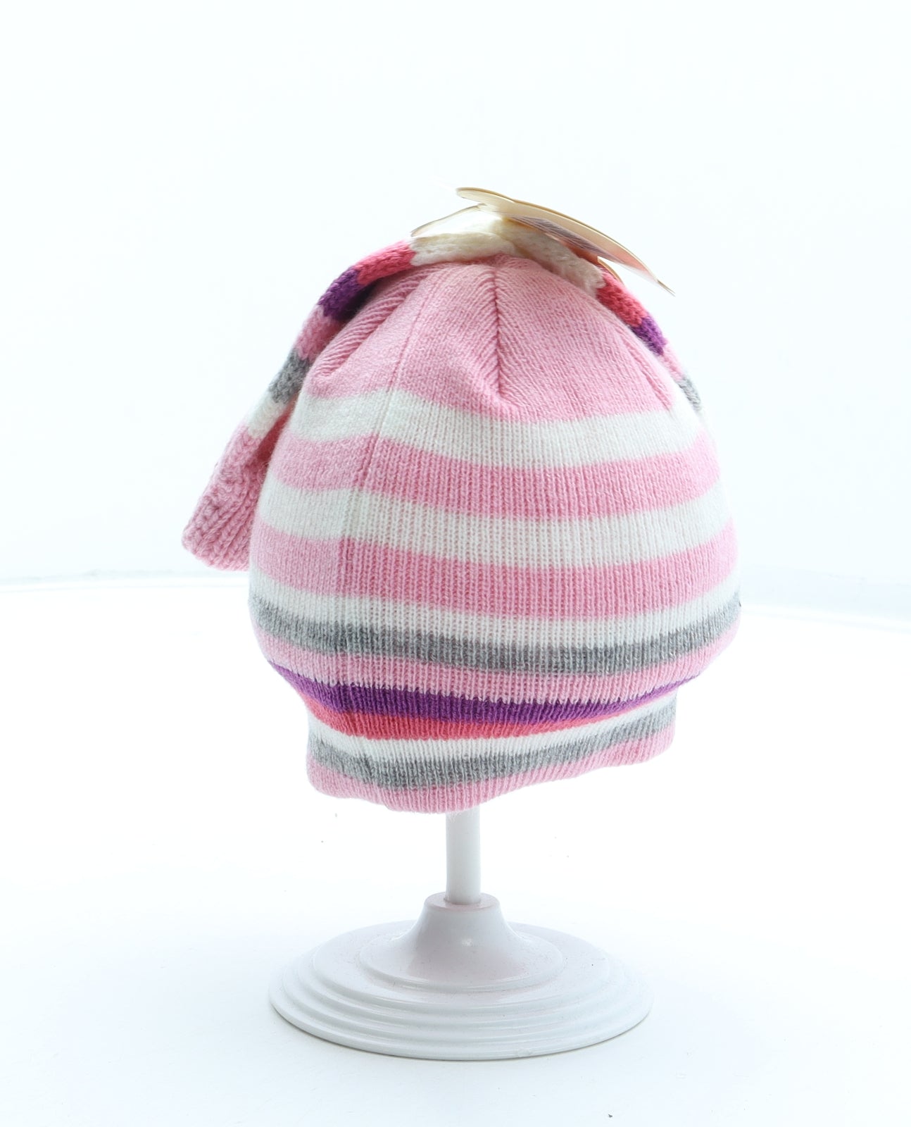 Rockabye-Baby Girls Pink Striped Acrylic Beanie Size S - Size 3-6 months. Mittens included