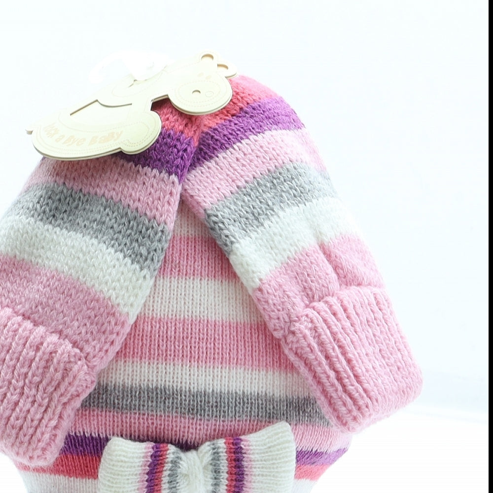 Rockabye-Baby Girls Pink Striped Acrylic Beanie Size S - Size 3-6 months. Mittens included