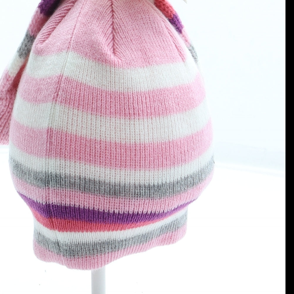 Rockabye-Baby Girls Pink Striped Acrylic Beanie Size S - Size 3-6 months. Mittens included