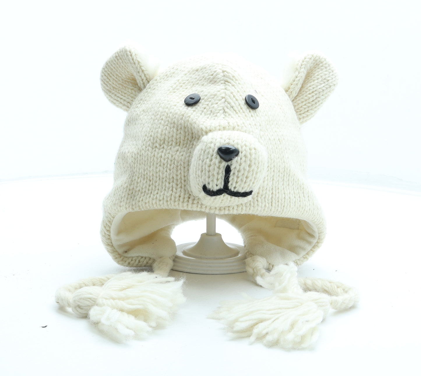 Black Yak Womens Beige Acrylic Beanie One Size - Bear Ears