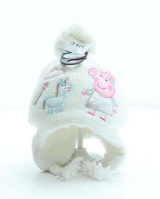 Marks and Spencer Girls White Geometric Acrylic Bobble Hat Size S - Peppa Pig Size 3-6 Years