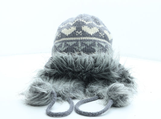 Preworn Womens Grey Fair Isle Acrylic Beanie One Size - Faux Fur Pom Pom