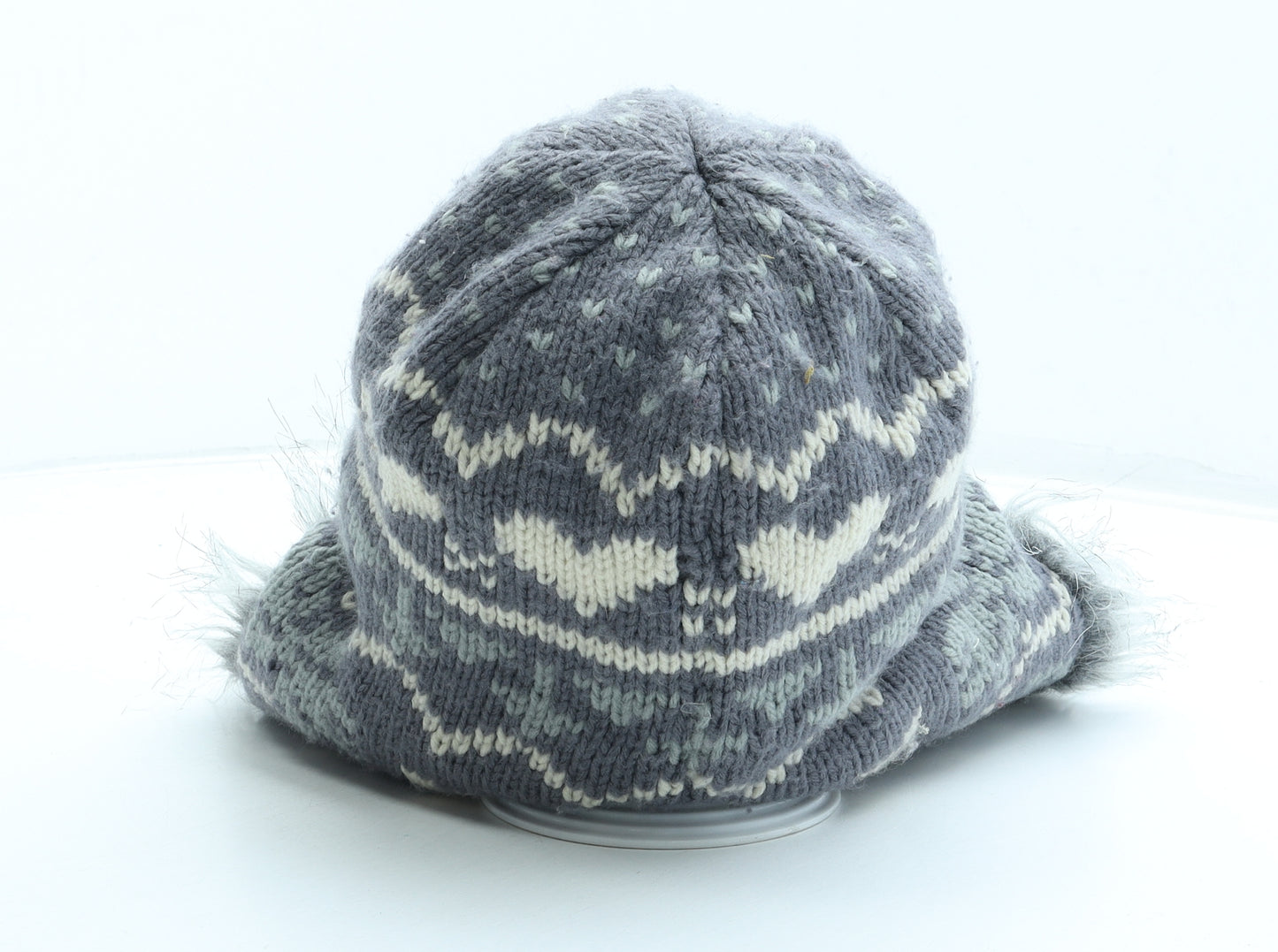 Preworn Womens Grey Fair Isle Acrylic Beanie One Size - Faux Fur Pom Pom