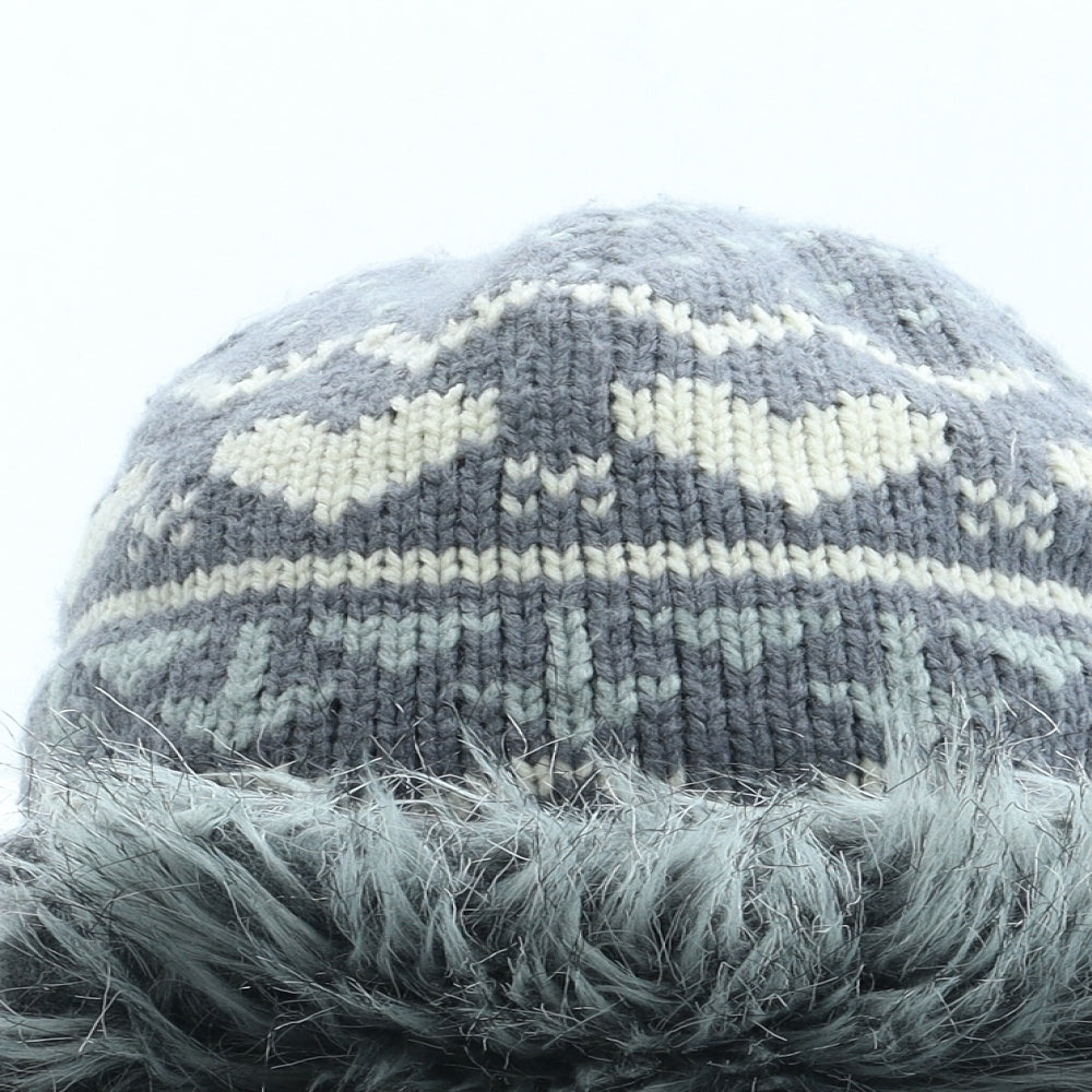 Preworn Womens Grey Fair Isle Acrylic Beanie One Size - Faux Fur Pom Pom