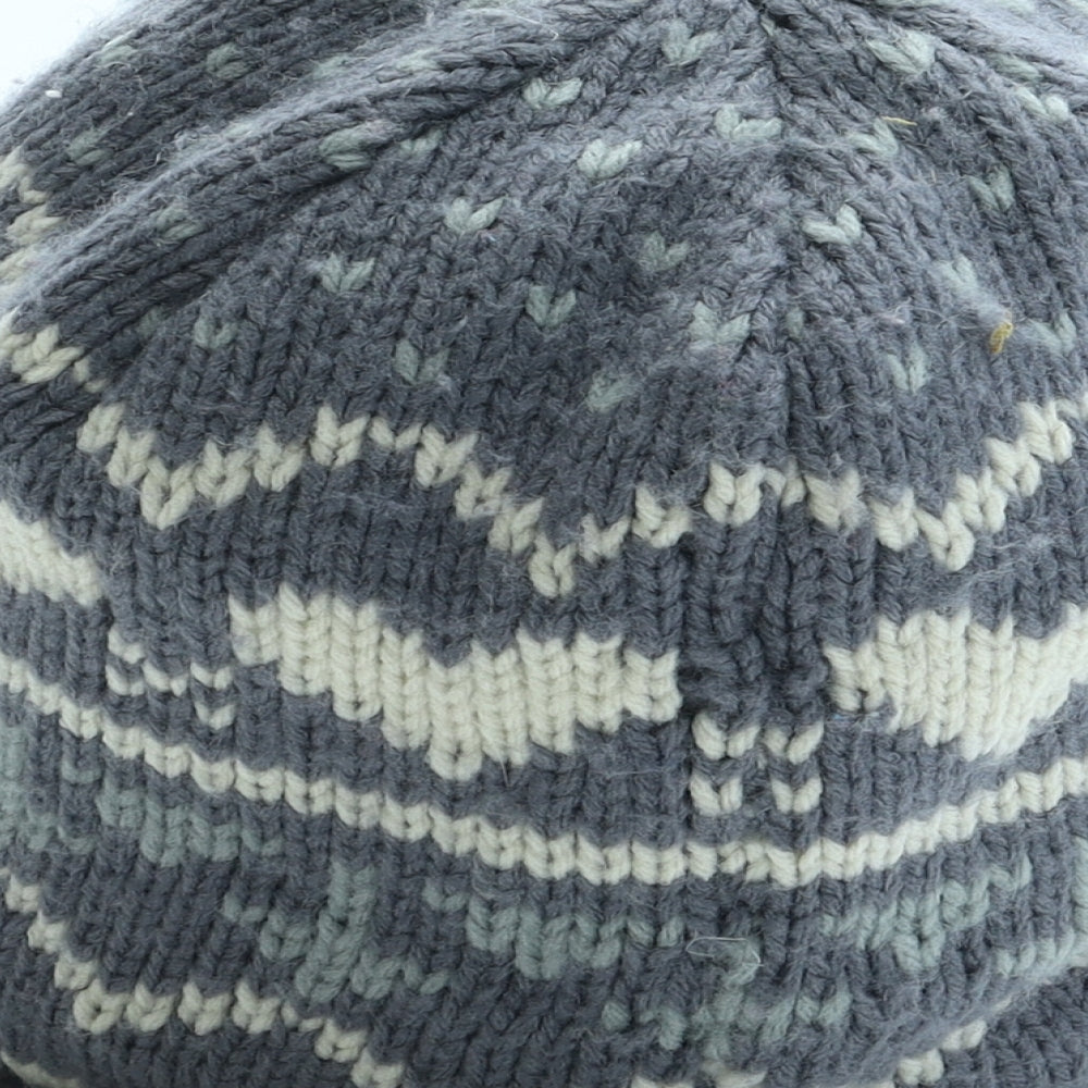 Preworn Womens Grey Fair Isle Acrylic Beanie One Size - Faux Fur Pom Pom