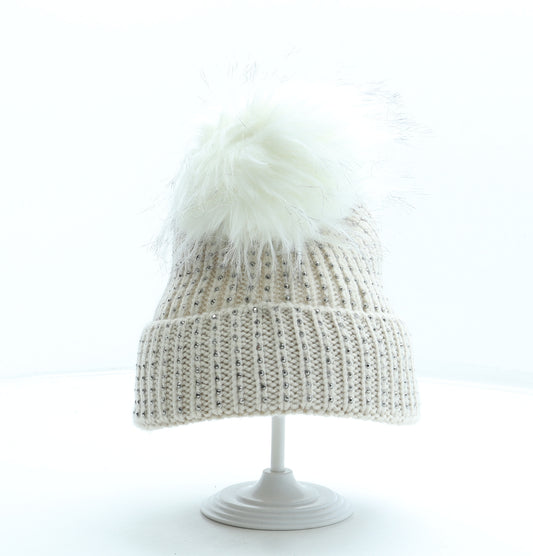 F&F Womens Beige Acrylic Bobble Hat One Size - Faux Fur