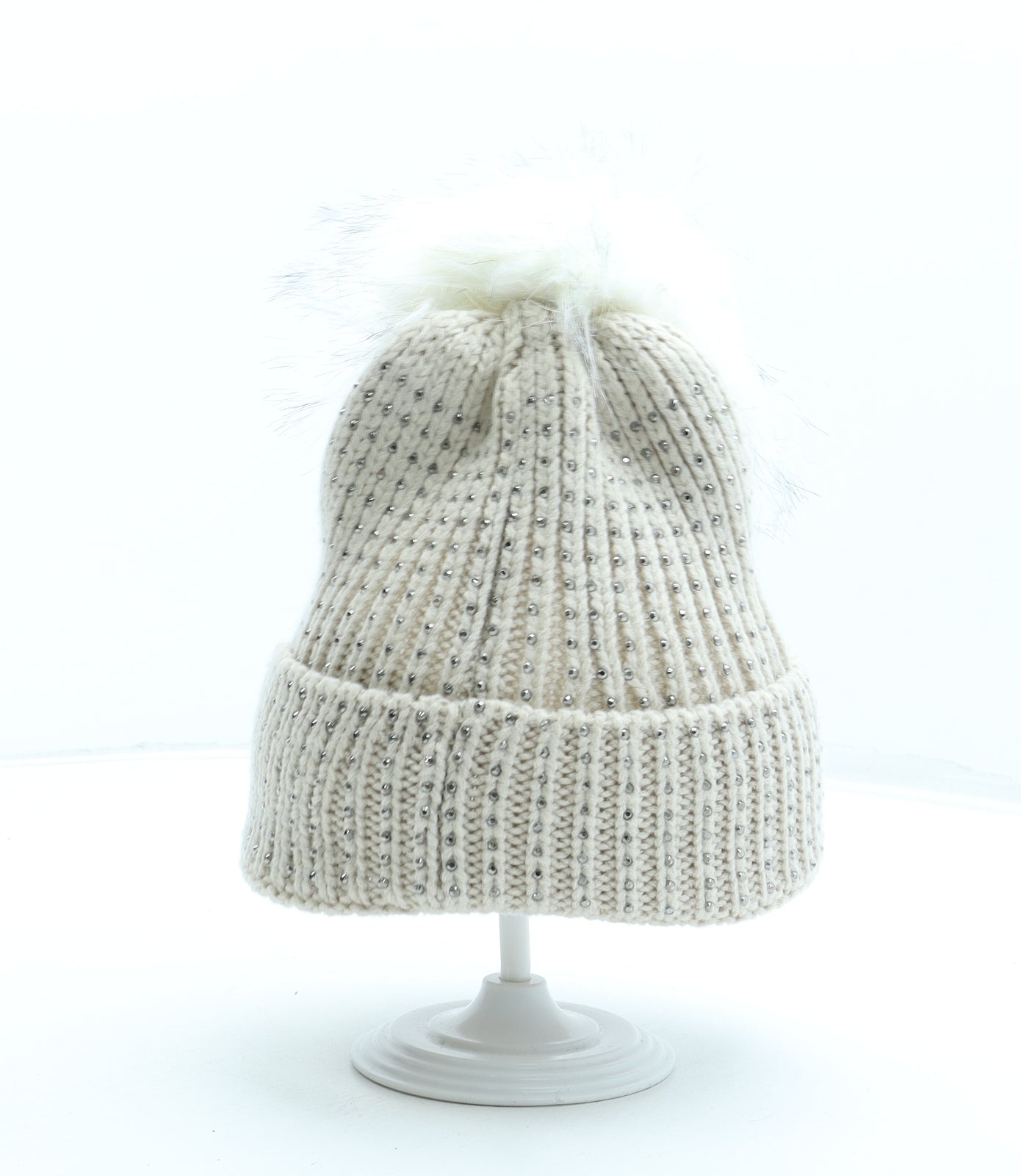 F&F Womens Beige Acrylic Bobble Hat One Size - Faux Fur