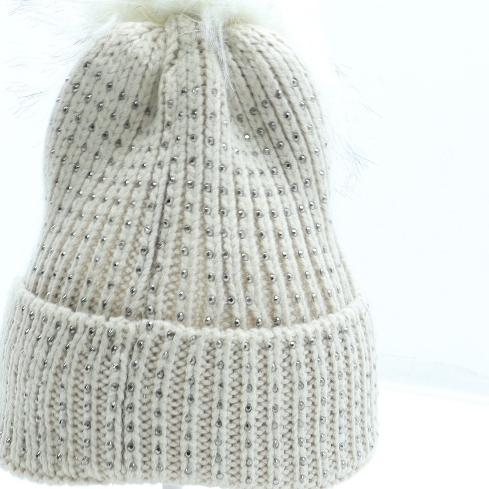 F&F Womens Beige Acrylic Bobble Hat One Size - Faux Fur