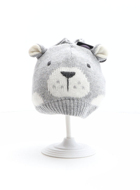 Marks and Spencer Boys Grey Polyamide Beanie One Size - Bear Design, Mittens included Size 0-6 months