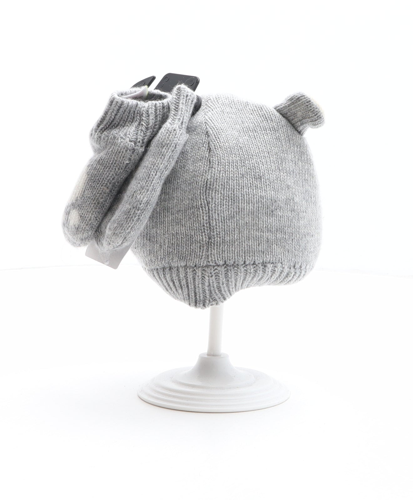 Marks and Spencer Boys Grey Polyamide Beanie One Size - Bear Design, Mittens included Size 0-6 months