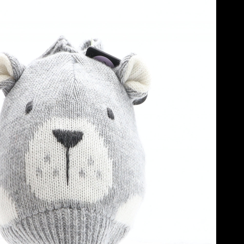 Marks and Spencer Boys Grey Polyamide Beanie One Size - Bear Design, Mittens included Size 0-6 months