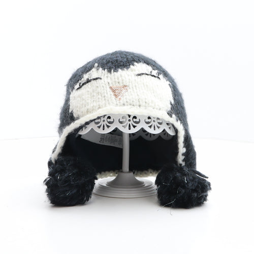 Tesco Girls Blue Acrylic Beanie One Size - Penguin Design, Pom Poms