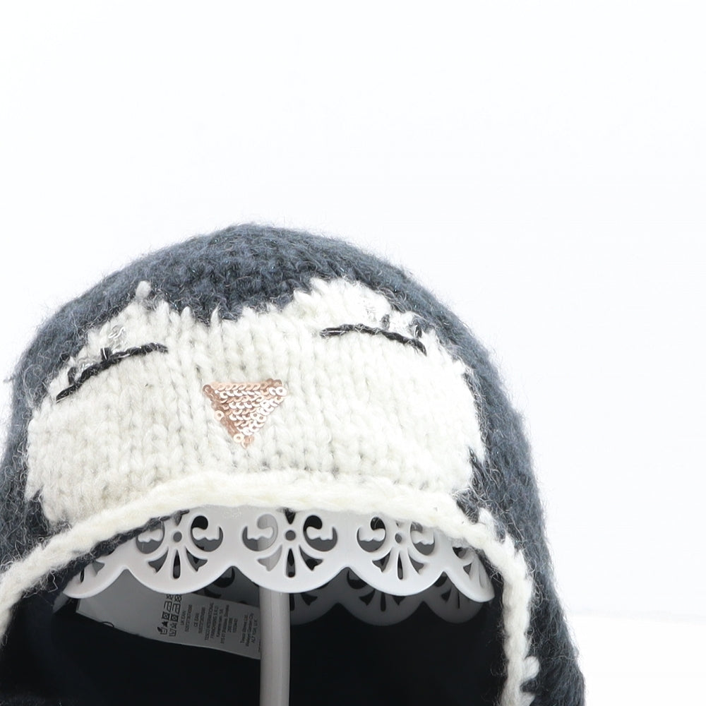 Tesco Girls Blue Acrylic Beanie One Size - Penguin Design, Pom Poms