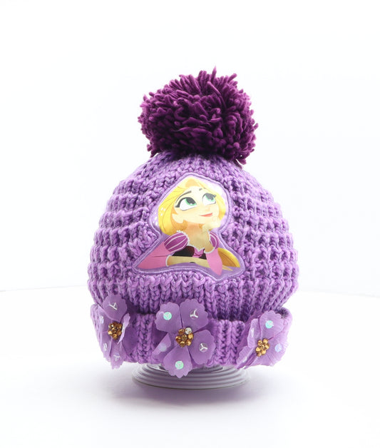 Disney Girls Purple Acrylic Bobble Hat Size M - Disney, Rapunzel, Tangled, Flower Details Size M/L