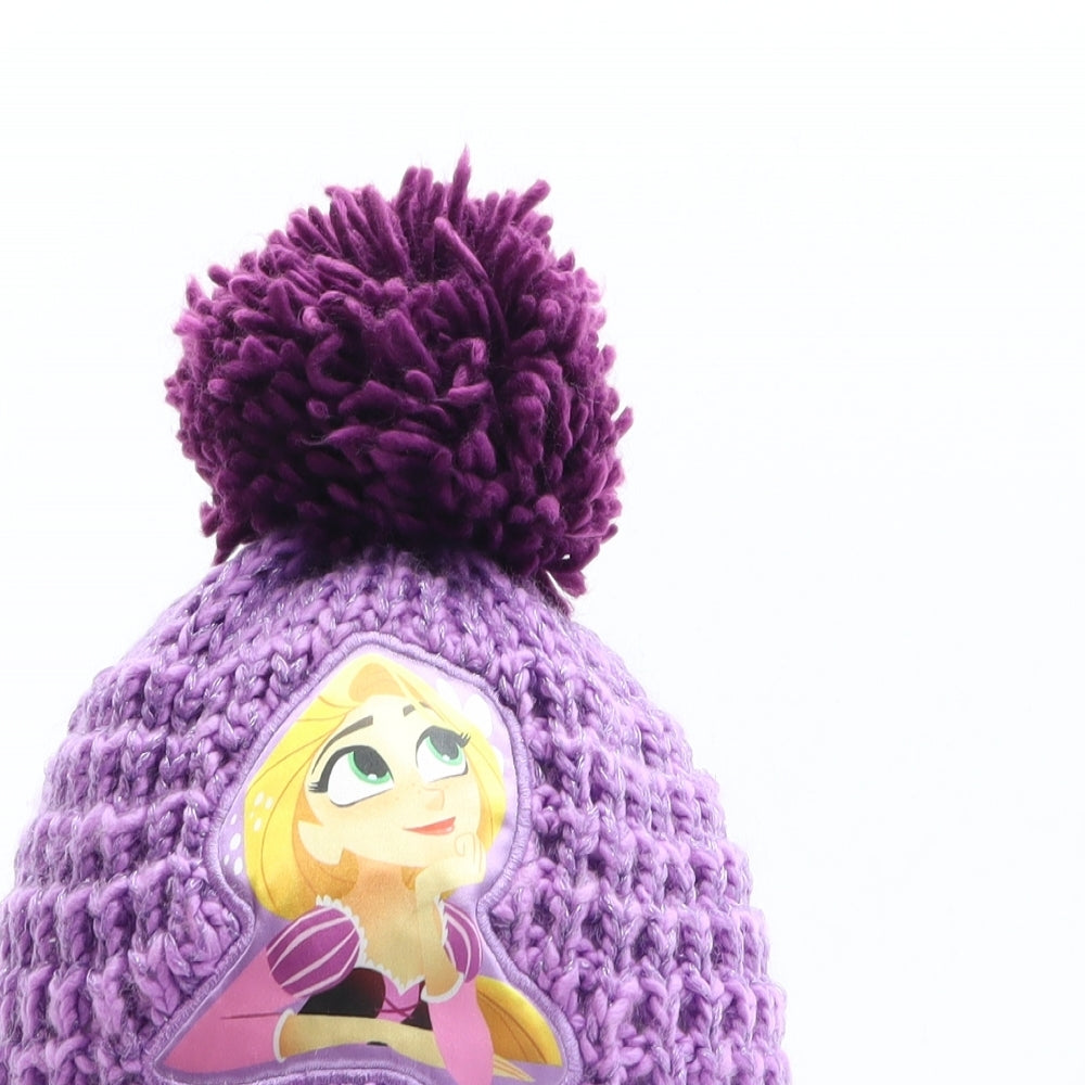 Disney Girls Purple Acrylic Bobble Hat Size M - Disney, Rapunzel, Tangled, Flower Details Size M/L