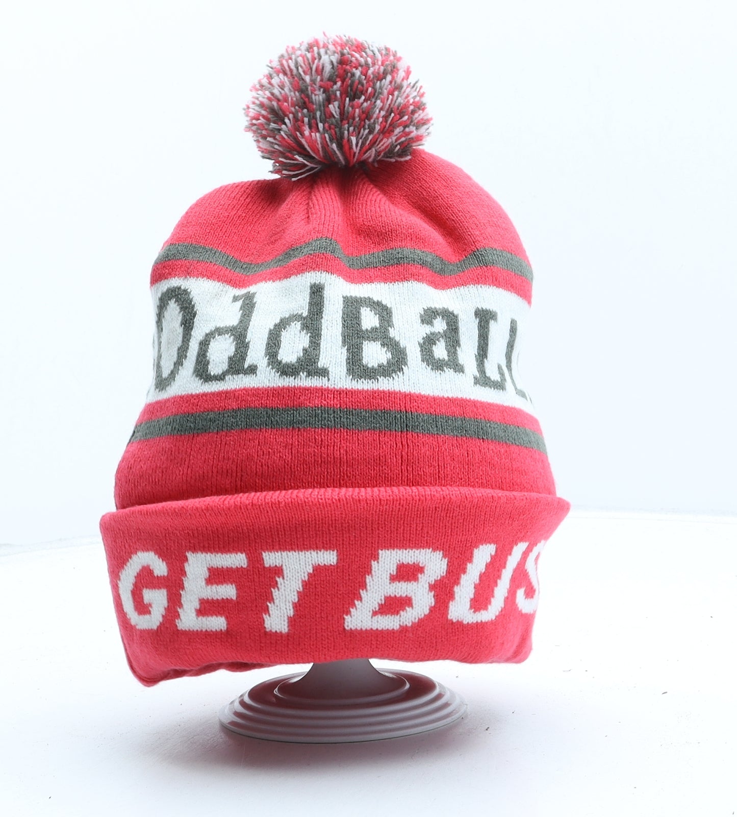 Odd Balls Womens Pink Striped Acrylic Bobble Hat One Size - Get Busy Living