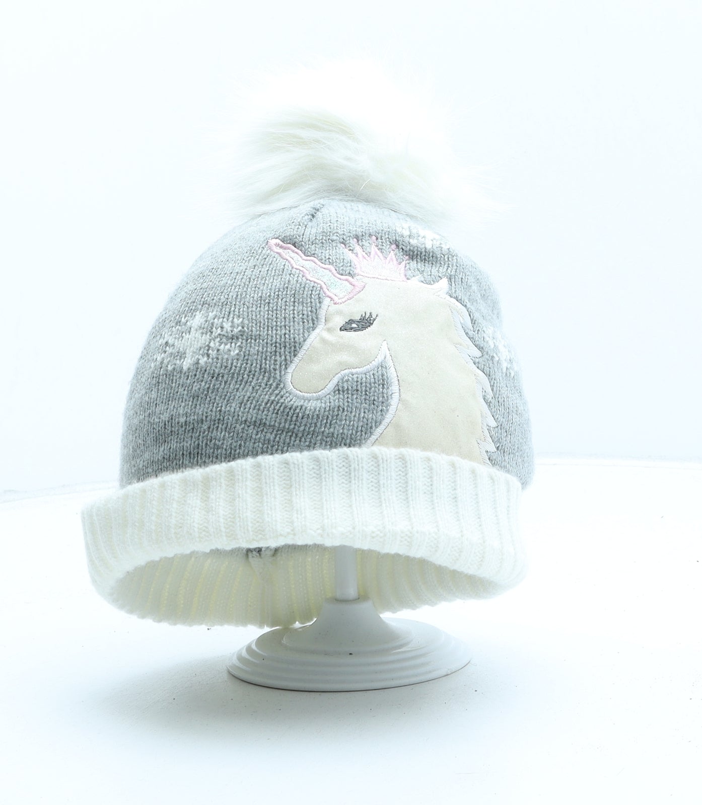 Primark Girls Grey Acrylic Bobble Hat One Size - Unicorn