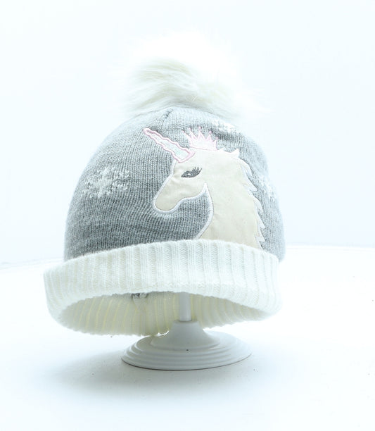 Primark Girls Grey Acrylic Bobble Hat One Size - Unicorn