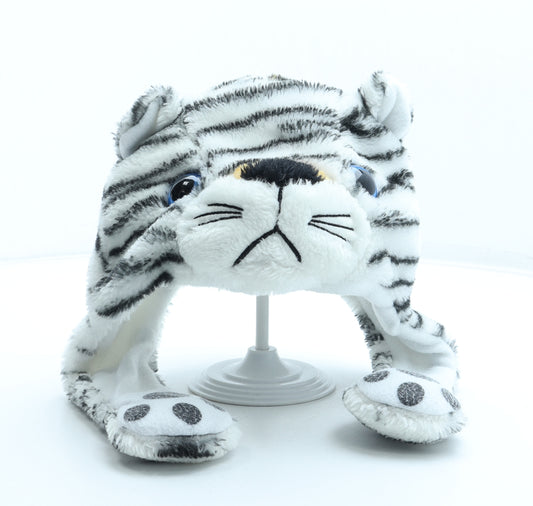 Preworn Girls White Animal Print Polyester Winter Hat One Size - Tiger Ears