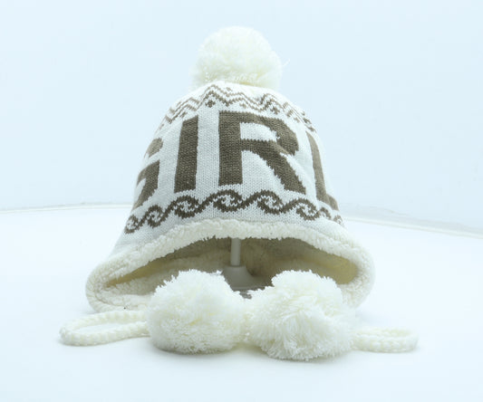 Preworn Girls Ivory Geometric Acrylic Bobble Hat One Size - GIRL