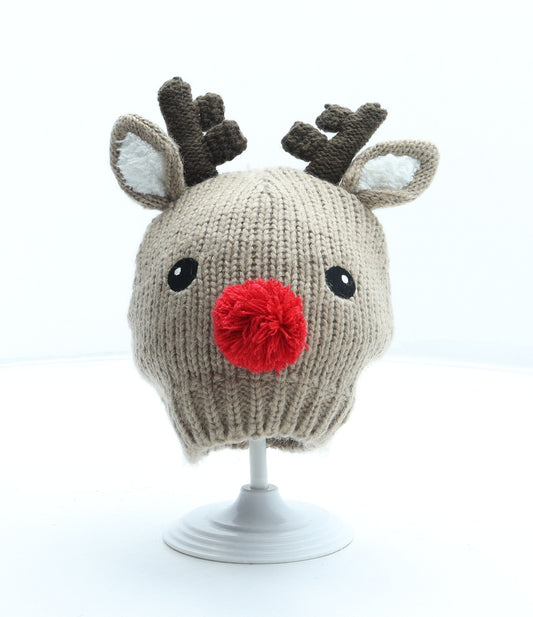 Preworn Boys Brown Acrylic Beanie One Size - Reindeer Pom Pom