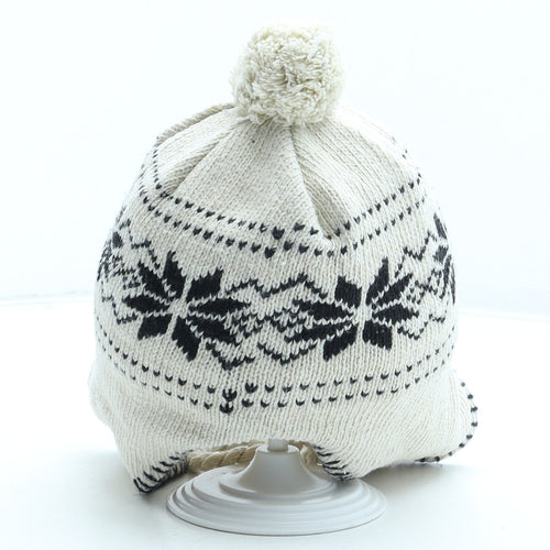 Preworn Girls Beige Fair Isle Wool Bobble Hat One Size