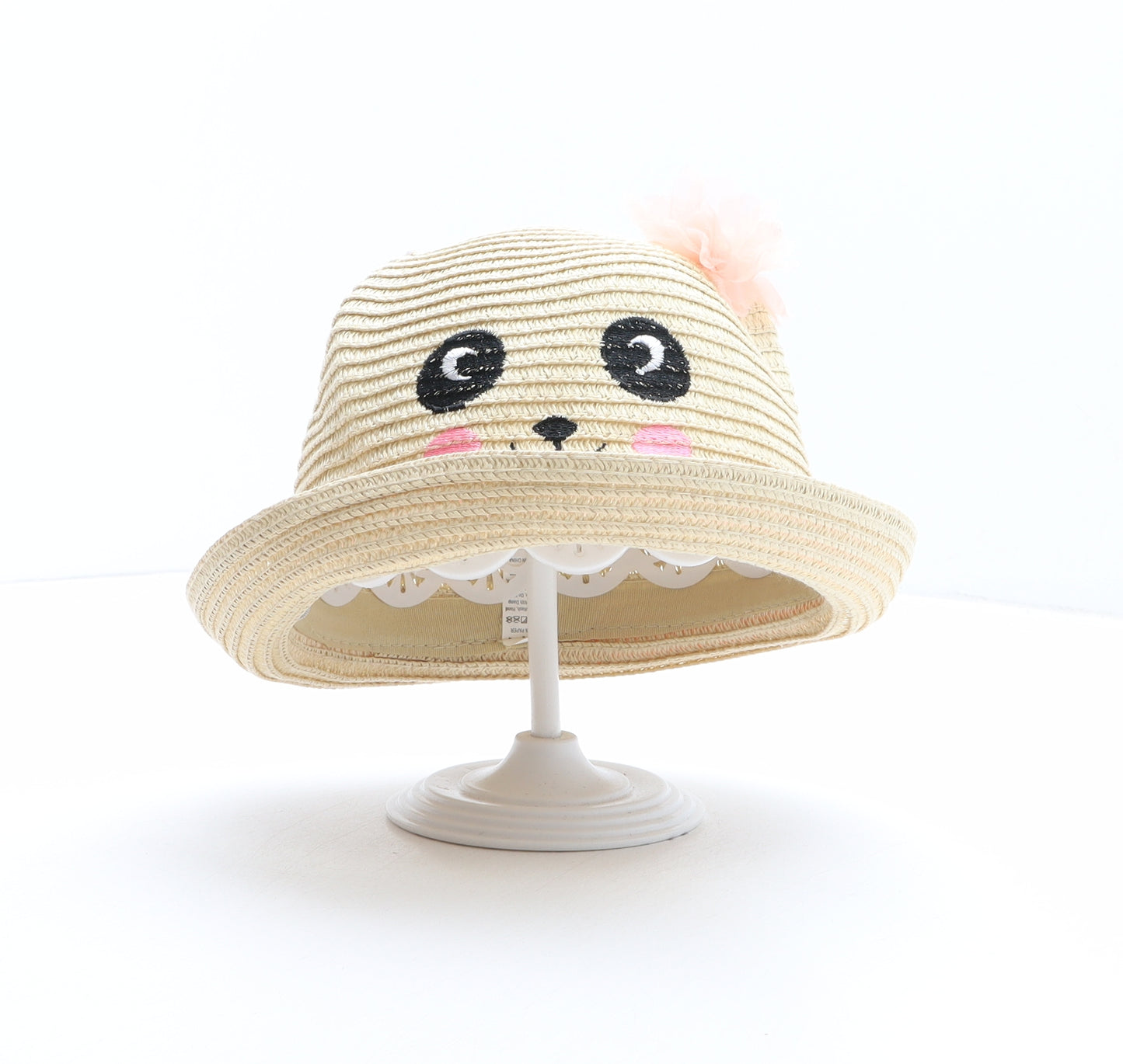 Preworn Girls Beige Paper Bowler Hat One Size - Panda Design, Flower Detail