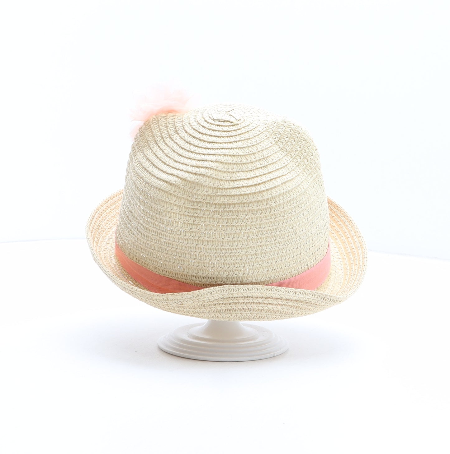 Preworn Girls Beige Paper Bowler Hat One Size - Panda Design, Flower Detail