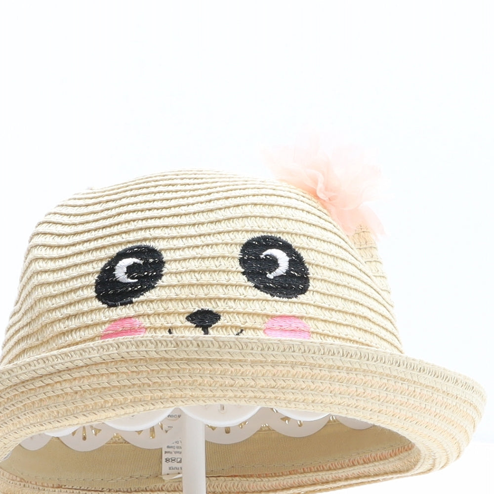 Preworn Girls Beige Paper Bowler Hat One Size - Panda Design, Flower Detail