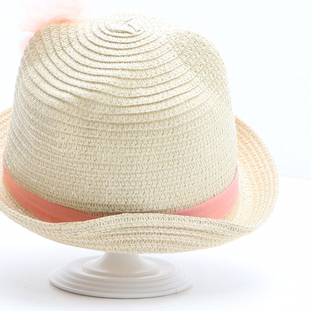 Preworn Girls Beige Paper Bowler Hat One Size - Panda Design, Flower Detail