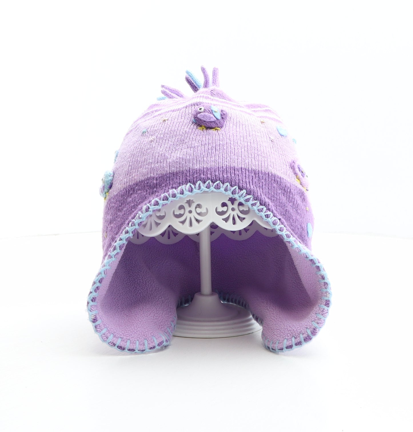 TU Girls Purple Acrylic Winter Hat One Size - Size 3-6 years, Birds Details, Heart Details