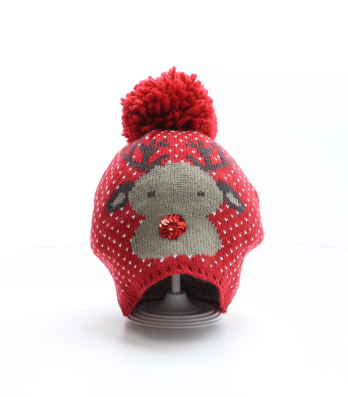 Atmosphere Womens Red Geometric Acrylic Bobble Hat One Size - Reindeer Design, Christmas Hat