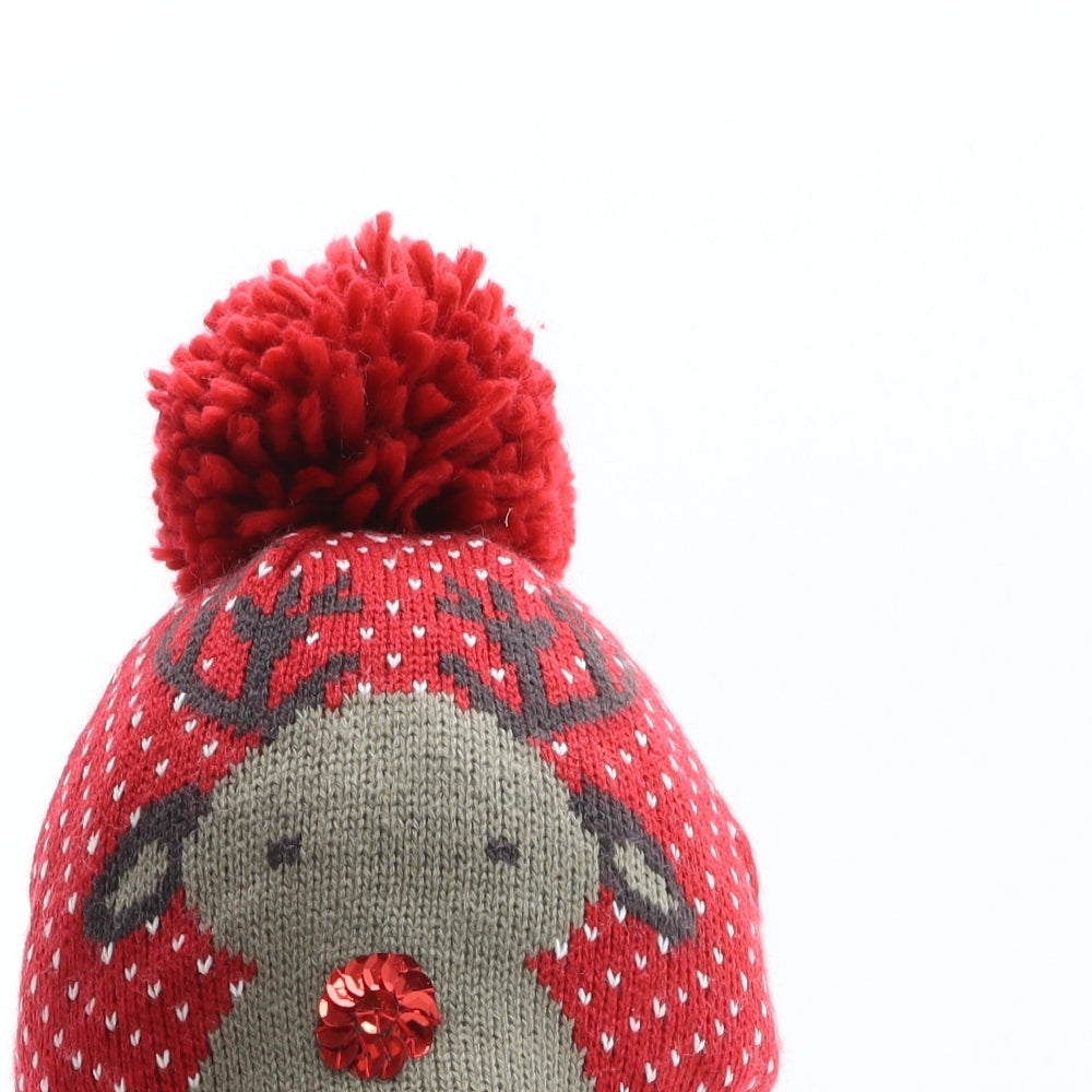 Atmosphere Womens Red Geometric Acrylic Bobble Hat One Size - Reindeer Design, Christmas Hat