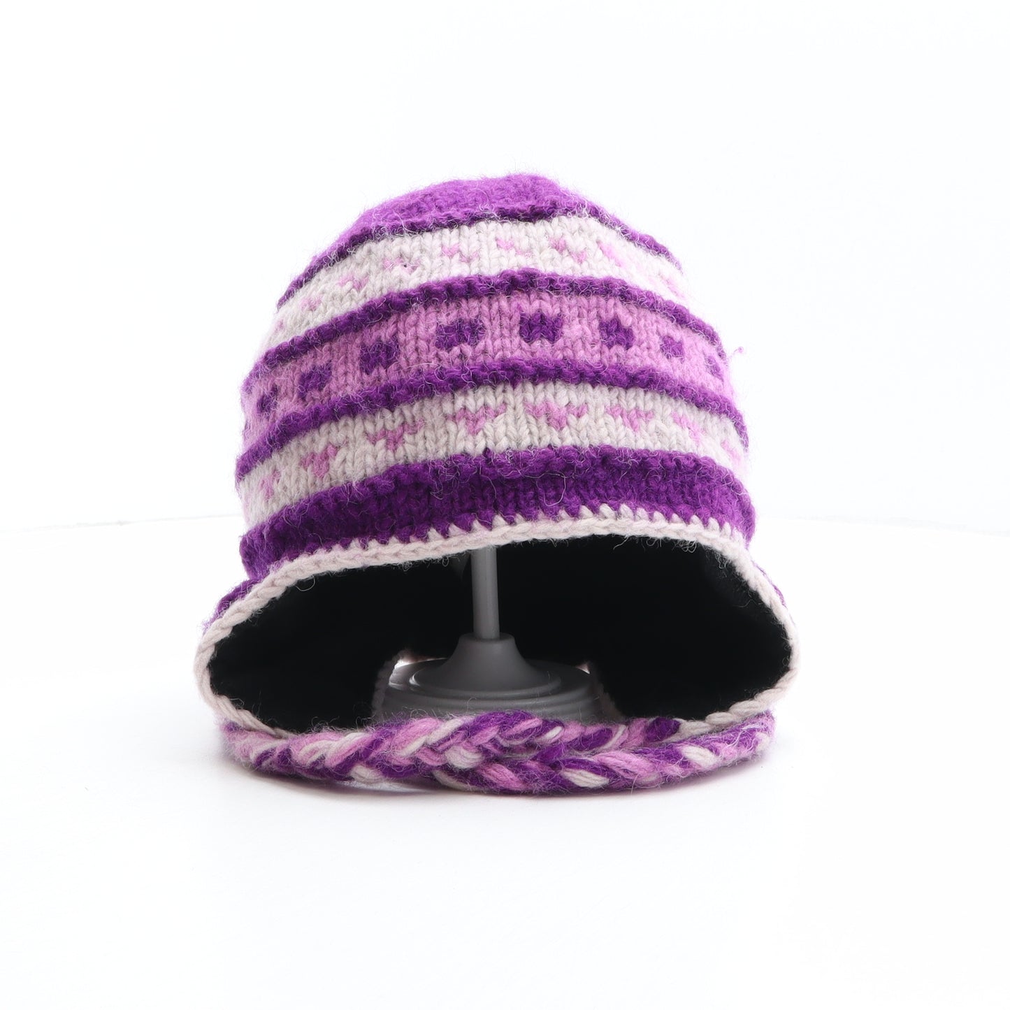 Black Yak Womens Purple Striped 100% Wool Winter Hat One Size