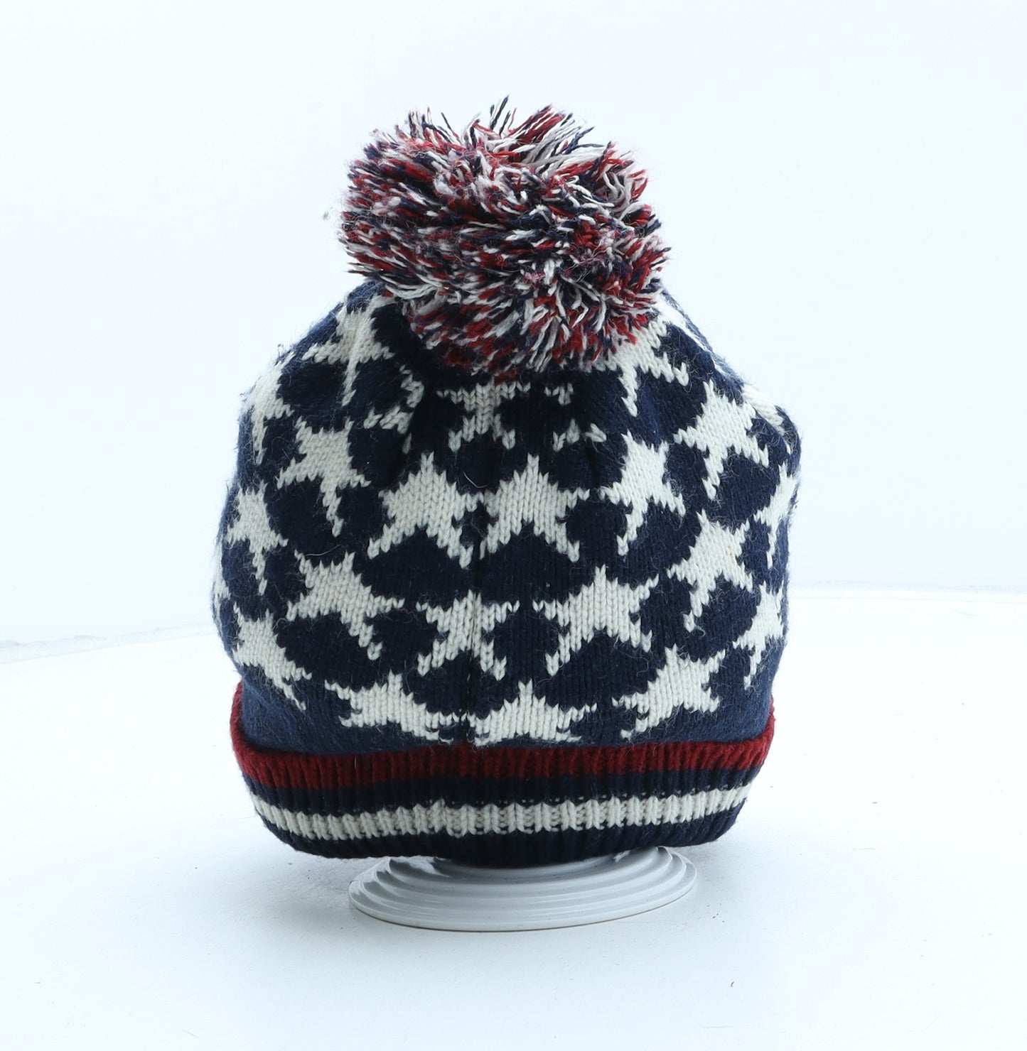Preworn Mens Blue Geometric Acrylic Beanie One Size - Pom Pom Stars