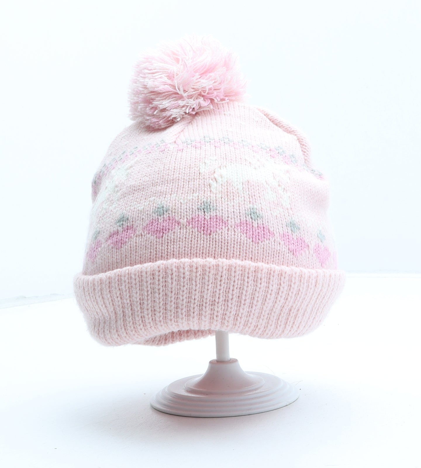 Primark Girls Pink Fair Isle Acrylic Beanie Size M - Unicorn