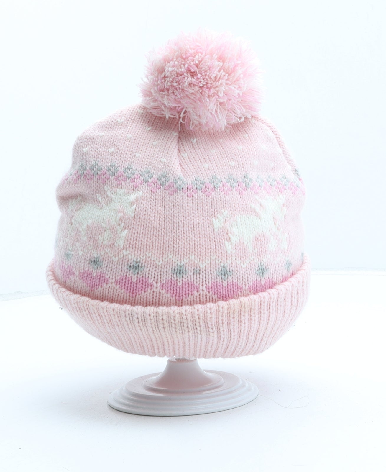 Primark Girls Pink Fair Isle Acrylic Beanie Size M - Unicorn